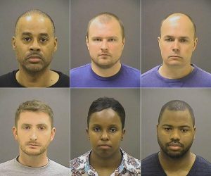 The six officers: (top, left to right) Caesar Goodson Jr., Garrett Miller, Brian Rice; (bottom, left to right) Edward Nero, Alicia White, William Porter