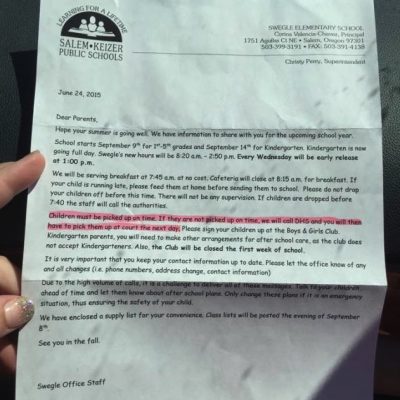 Orwellian: Oregon's Swegle Elementary Sends Home Letter Threatening Parents With DHS Call