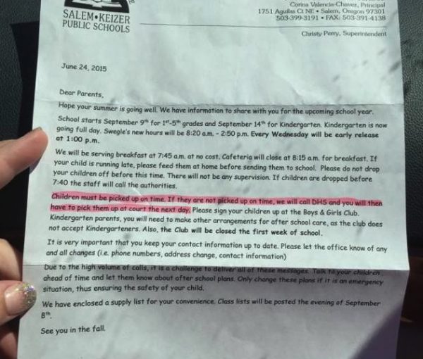 Orwellian: Oregon’s Swegle Elementary Sends Home Letter Threatening Parents With DHS Call