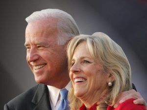 Democratic vice presidential candidate, Sen. Joe Biden, D-Del., and his wife Jill, greet the crowd before a rally at Putnam Hill Park in Zanesville, Ohio, Monday, Nov. 3, 2008. (AP Photo/Paul Vernon)