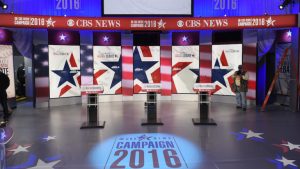 A November 14, 2015 photo shows the set where the Democratic Presidential Debate will take place in Sheslow Auditorium in the Old Main building at Drake University in Des Moines, Iowa. The second Democratic debate, hosted by CBS News and Twitter, will take place later on November 14th. AFP PHOTO/MANDEL NGAN (Photo credit should read MANDEL NGAN/AFP/Getty Images)