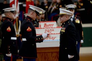 Birthday cake at Parris Island, MCRD, for the oldest and youngest Marines present