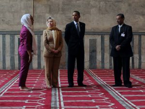 Mr. Obama and then Secretary of State Hillary Clinton visit a mosque in Egypt