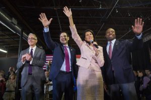 #MarcoRubio flanked by South Carolina Governor Nikki Haley, Senator Tim Scott and Trey Gowdy at a South Carolina rally on Friday