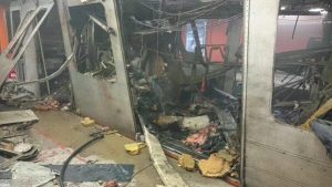 A destroyed passenger rail car in the Brussels subway system.