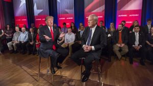 Presidential candidate Donald Trump participates in a town hall meeting for MSNBC with Chris Matthews