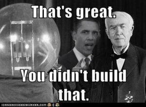 Barack Obama tells Thomas Edison that he did not build the incandescent bulb in a meme.