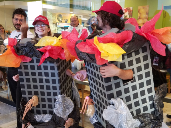 Abominable: Two Cosplay Cretins Dress Up as Burning Twin Towers with Jumpers. [VIDEO]