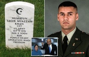 Captain Humayan Khan, his Gold Star Parents, and his grave marker at Arlington Cemetary