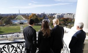 House Speaker Paul Ryan of Wis., left, shows President-elect Donald Trump, his wife Melania and Vice president-elect Mike Pence the view of the inaugural stand that is being built and Pennsylvania Avenue, from the Speaker's Balcony on Capitol Hill in Washington, Thursday, Nov. 10, 2016. (AP Photo/Alex Brandon)