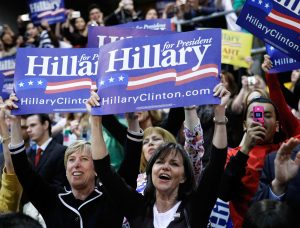 LOS ANGELES, CA - FEBRUARY 02:  Actress Sally Field (C) holds a sign for Democratic presidential hopeful US Sen. Hillary Clinton (D-NY) during a rally at California State Los Angeles February 2, 2008 in Los Angeles, California. With less than one week to go until Super Tuesday, Clinton is campaigning through California.  (Photo by Justin Sullivan/Getty Images)