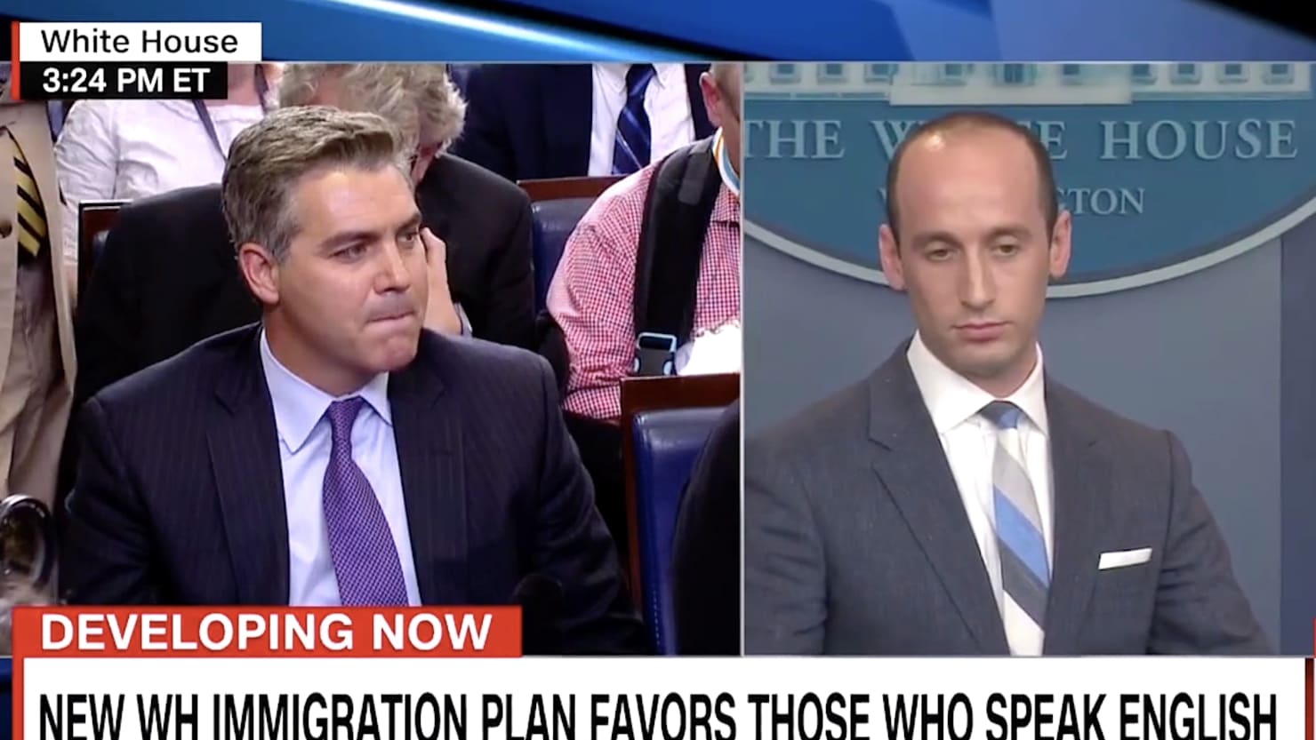 “Cosmopolitan” Jim Acosta Clashes With Stephen Miller Over Statue Of Liberty At WH Briefing [VIDEO]